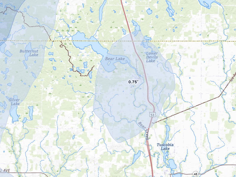 NEXRAD radar-signature map of the hail over Rice Lake, WI