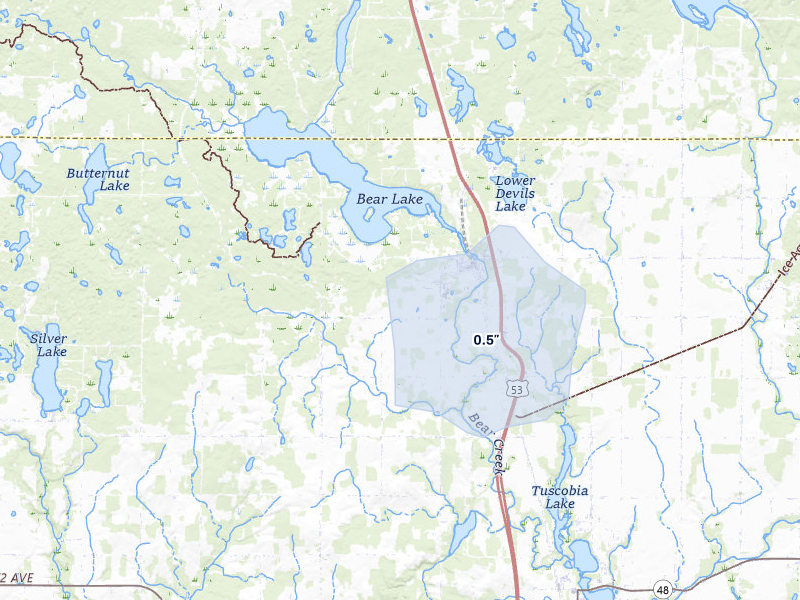 NEXRAD radar-signature map of the hail storm over Rice Lake, WI on May 17, 2026