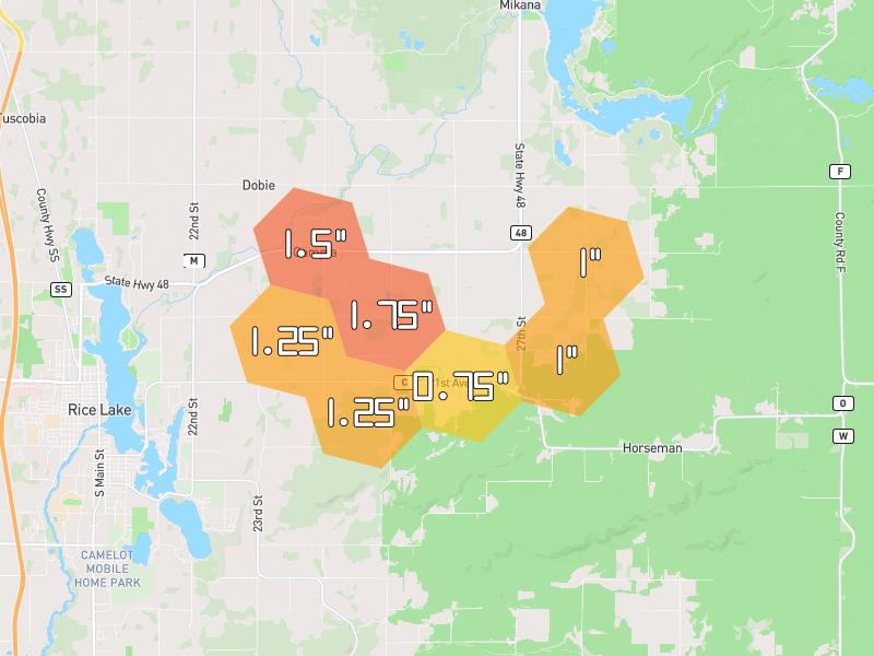 Hail map of Rice Lake, WI on Jun 5, 2026, hail up to 1.75"
