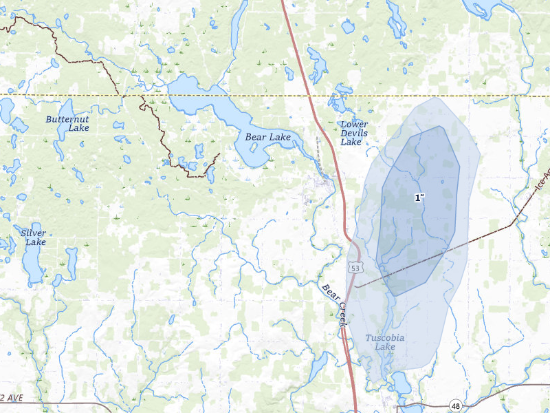 NEXRAD radar-signature map of the hail over Rice Lake, WI