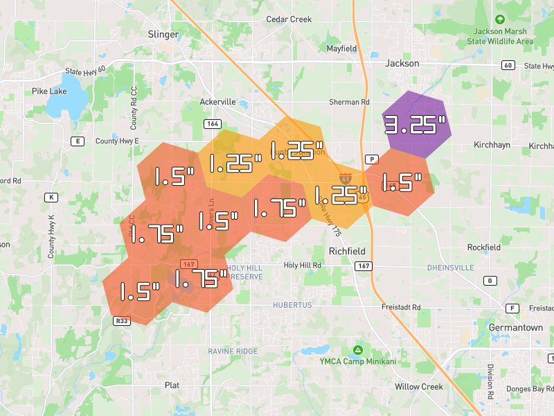 Hail map of Richfield, WI on Jul 2, 2026, hail up to 3.25"