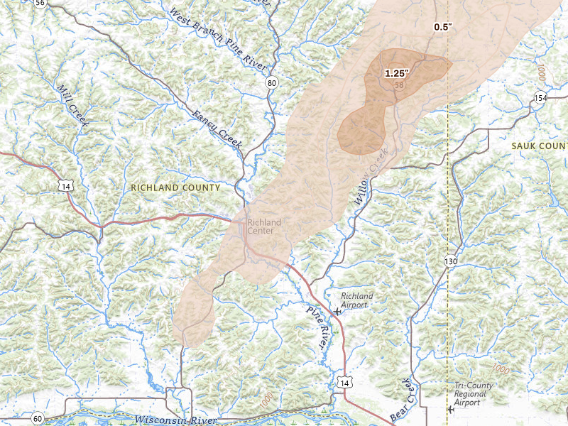 Radar-estimated hail-size map of the storm over Richland Center, WI on Apr 17, 2026