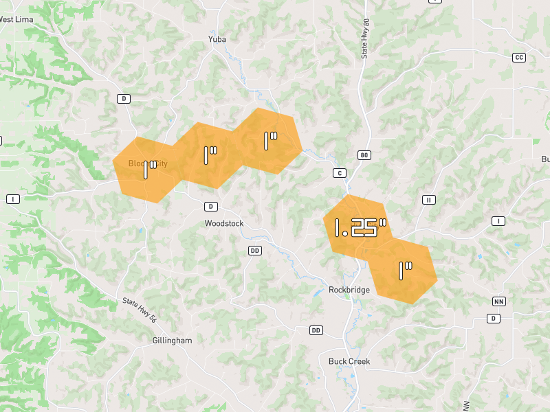 Hail map of Richland Center, WI on Jun 6, 2026, hail up to 1.25"