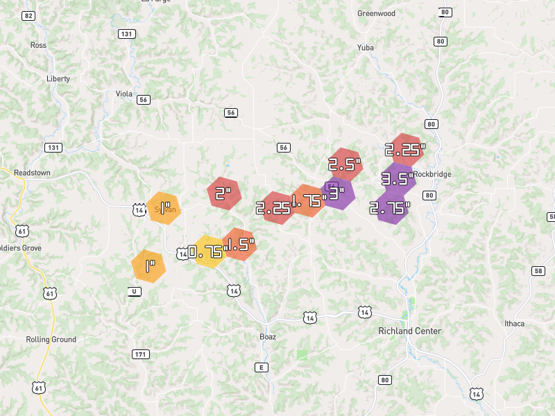 Hail map of Richland Center, WI on Jul 1, 2026, hail up to 3.5"