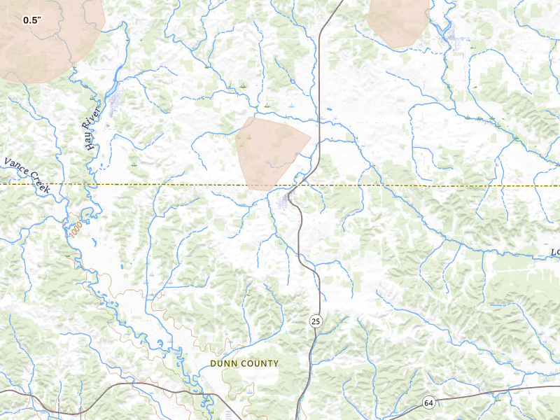 Radar-estimated hail-size map of the storm over Ridgeland, WI on Jul 17, 2026