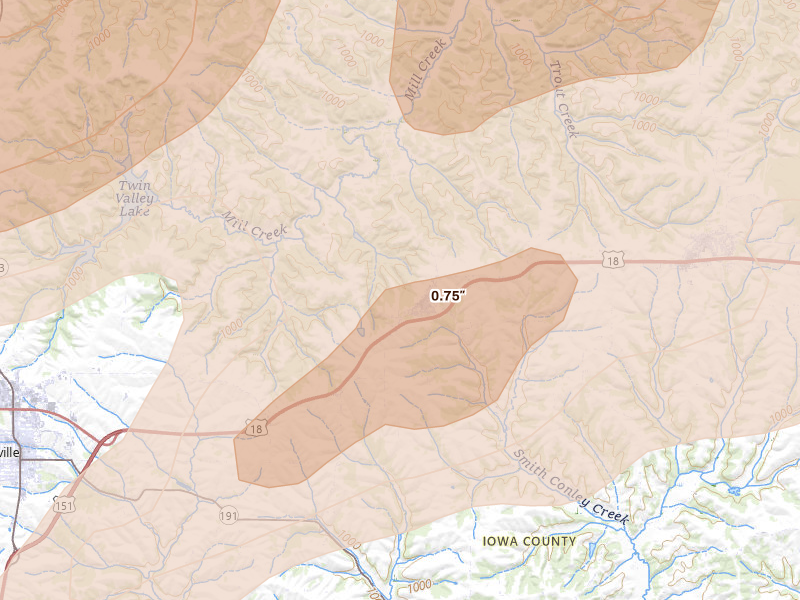 Radar-estimated hail-size map of the storm over Ridgeway, WI on Apr 14, 2026