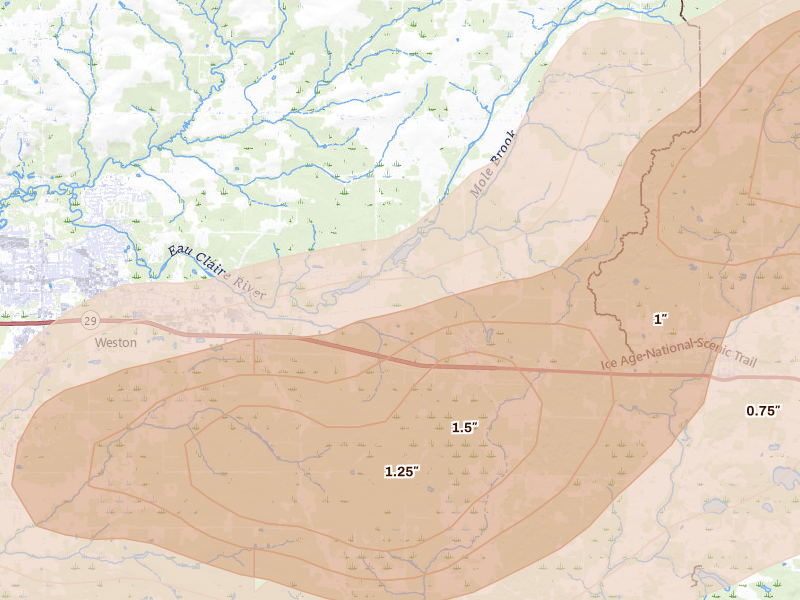 Radar-estimated hail-size map of the storm over Ringle, WI on Aug 11, 2026