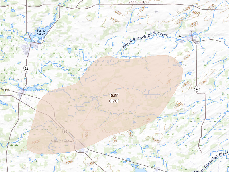 Radar-estimated hail-size map of the storm over Rio, WI on Apr 27, 2026