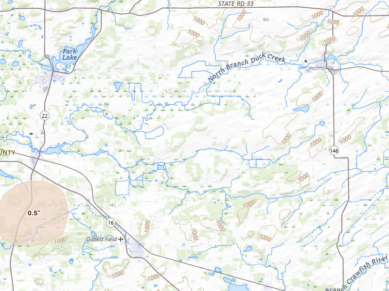 Radar-estimated hail-size map of the storm over Rio, WI on May 15, 2026