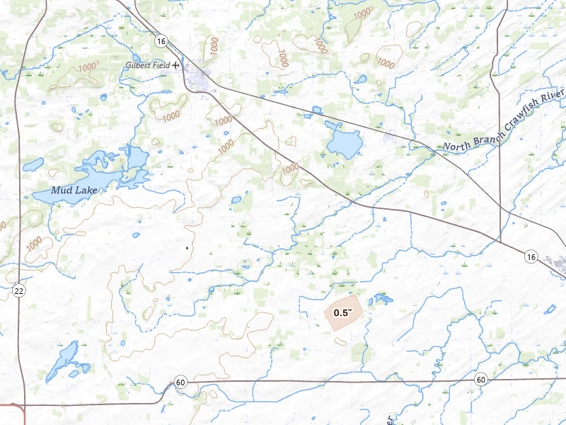 Radar-estimated hail-size map of the storm over Rio, WI on May 16, 2026