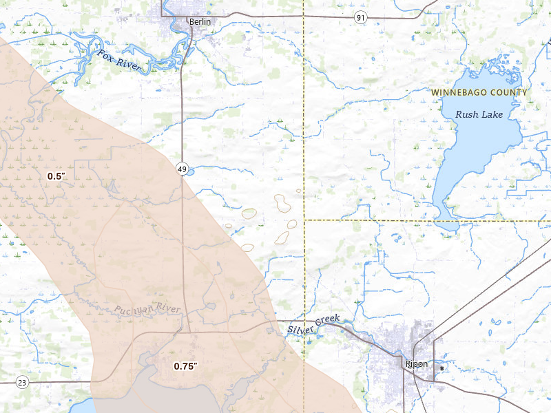 Radar-estimated hail-size map of the storm over Ripon, WI on Jun 24, 2026