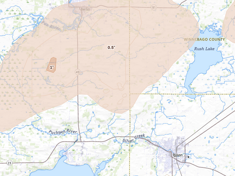 Radar-estimated hail-size map of the storm over Ripon, WI on Jul 1, 2026