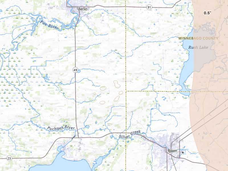 Radar-estimated hail-size map of the storm over Ripon, WI on Jul 27, 2026