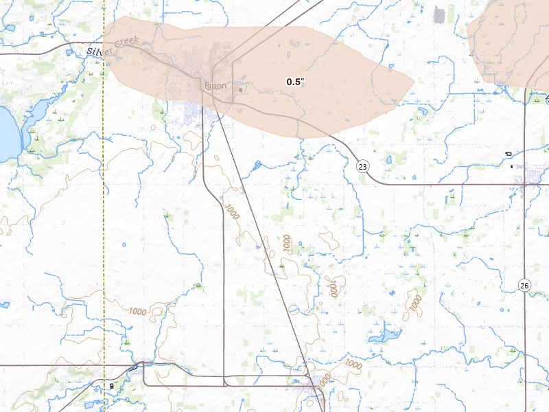 Radar-estimated hail-size map of the storm over Ripon, WI on Aug 18, 2026