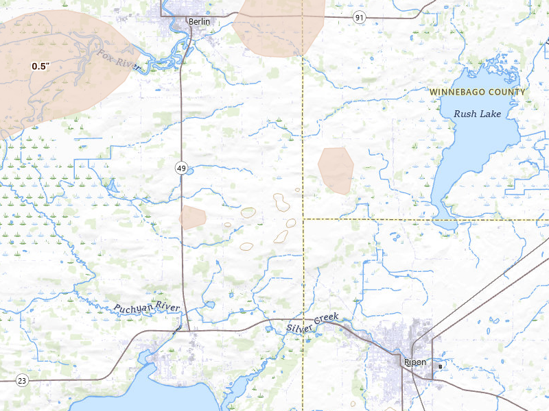 Radar-estimated hail-size map of the storm over Ripon, WI on Sep 1, 2026