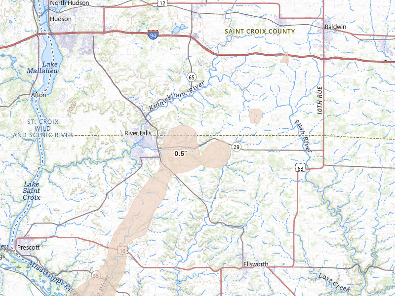 Radar-estimated hail-size map of the storm over River Falls, WI on Apr 17, 2026