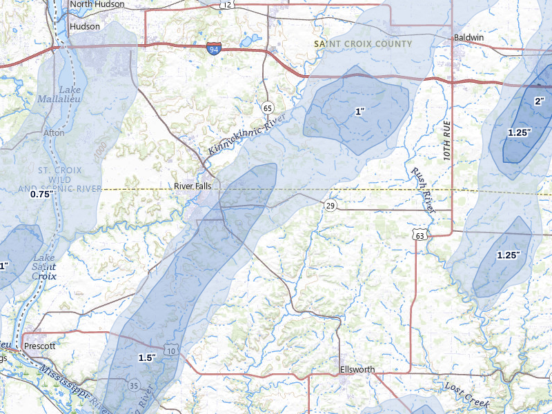 NEXRAD radar-signature map of the hail storm over River Falls, WI on Apr 17, 2026