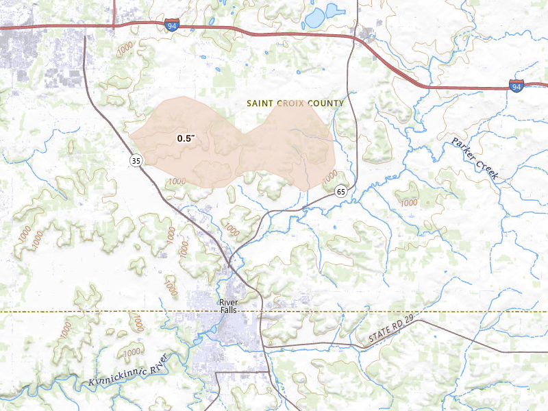 Radar-estimated hail-size map of the storm over River Falls, WI on Aug 8, 2026