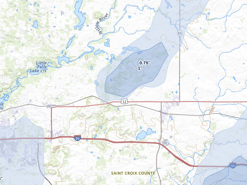 NEXRAD radar-signature map of the hail over Roberts, WI