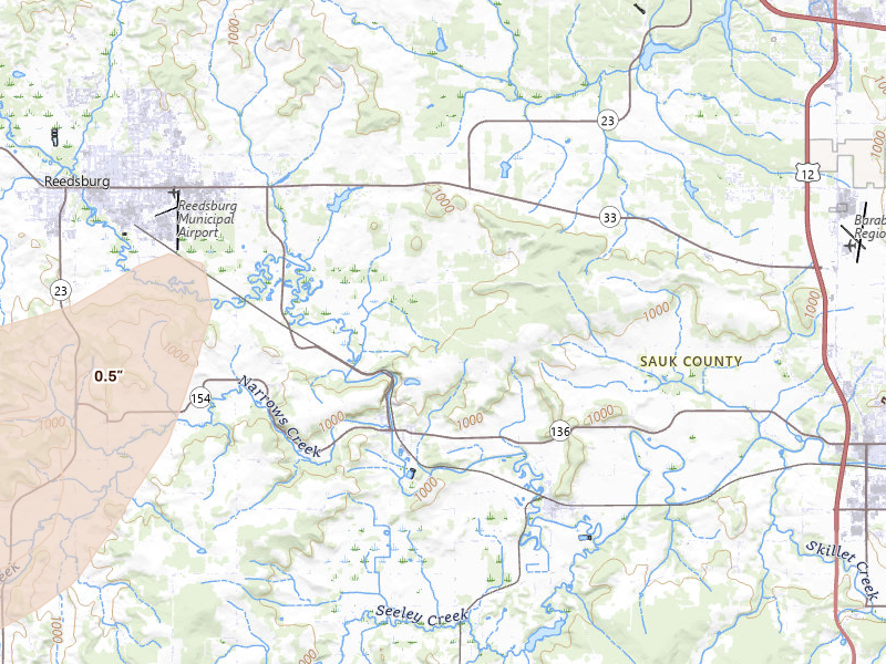 Radar-estimated hail-size map of the storm over Rock Springs, WI on Apr 13, 2026