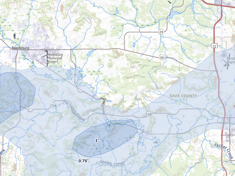 NEXRAD radar-signature map of the hail over Rock Springs, WI