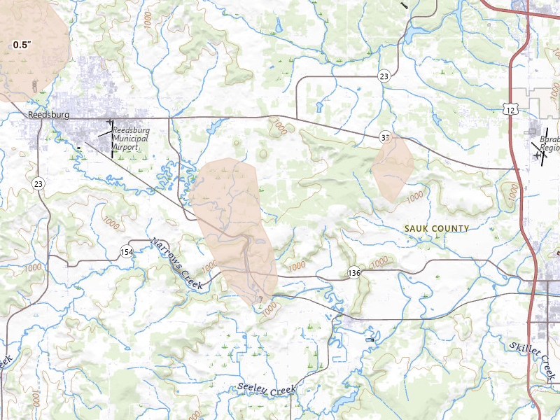 Radar-estimated hail-size map of the storm over Rock Springs, WI on Aug 9, 2026