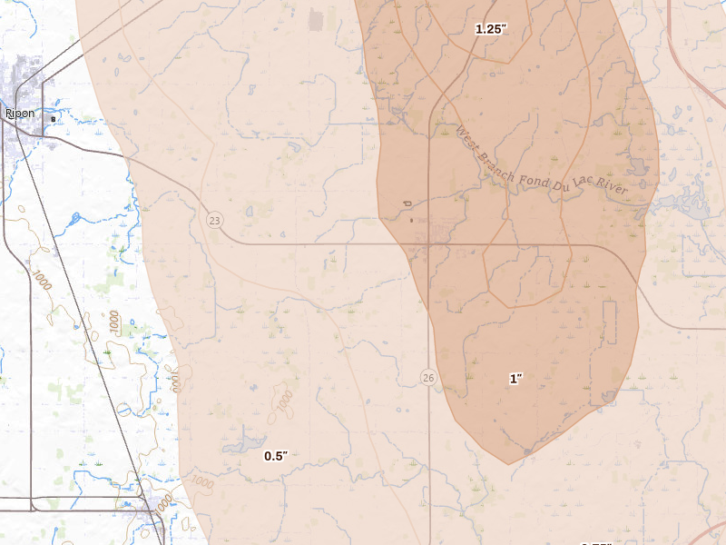 Radar-estimated hail-size map of the storm over Rosendale, WI on Jul 27, 2026