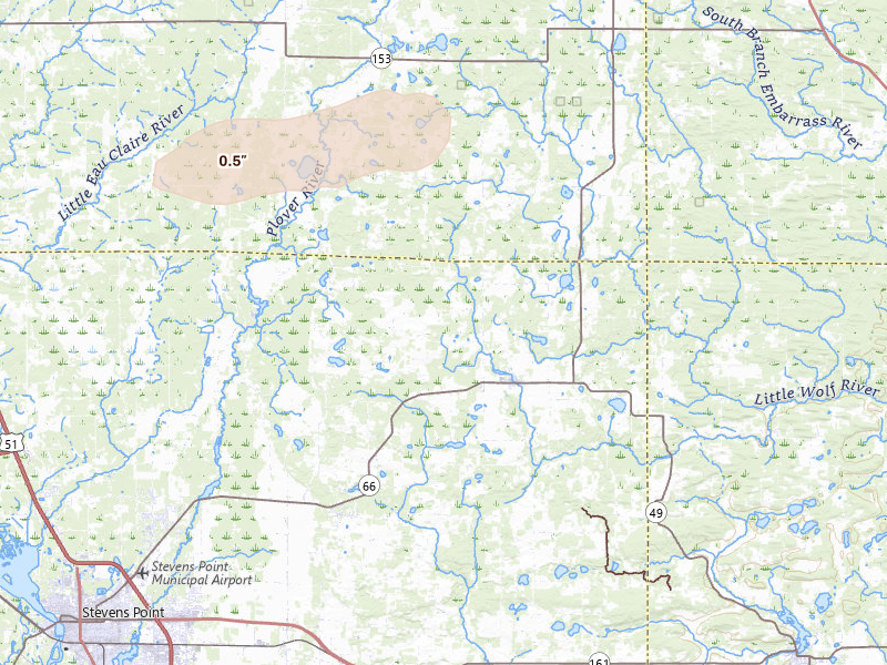 Radar-estimated hail-size map of the storm over Rosholt, WI on Mar 30, 2026
