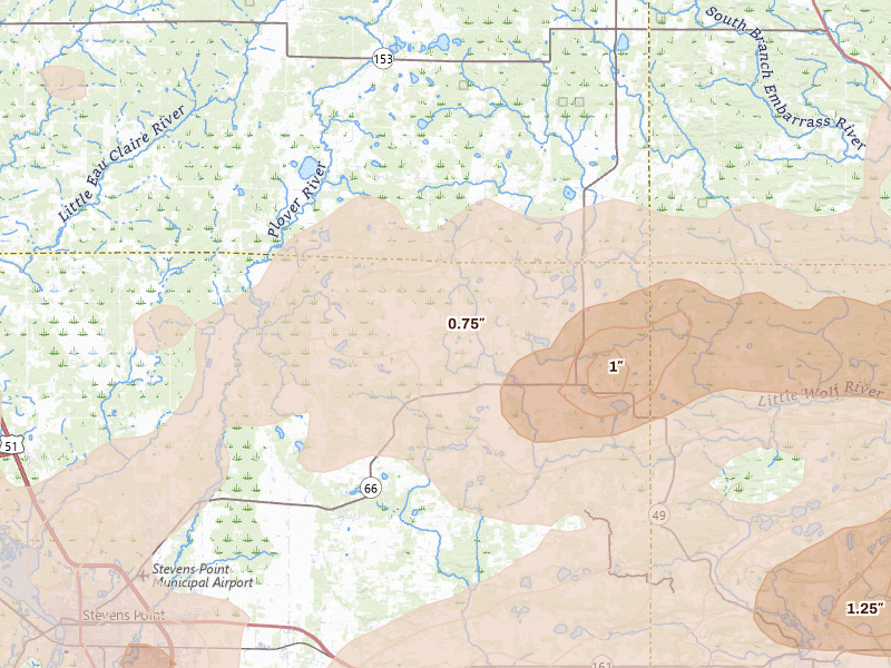 Radar-estimated hail-size map of the storm over Rosholt, WI on Apr 13, 2026