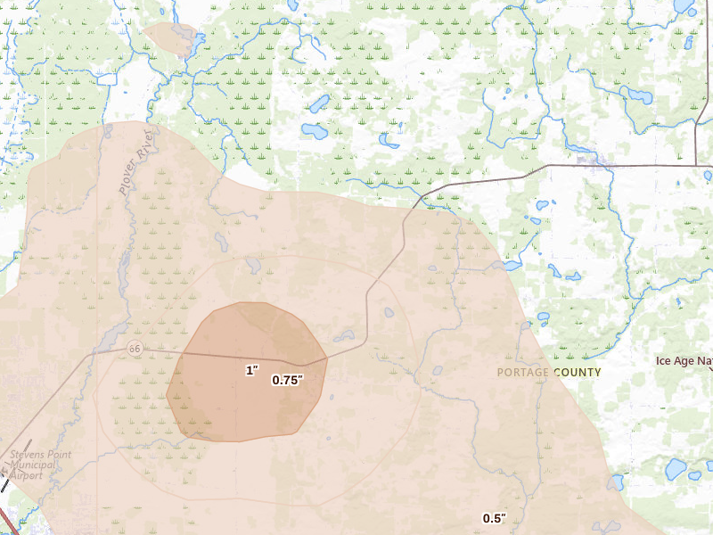 Radar-estimated hail-size map of the storm over Rosholt, WI