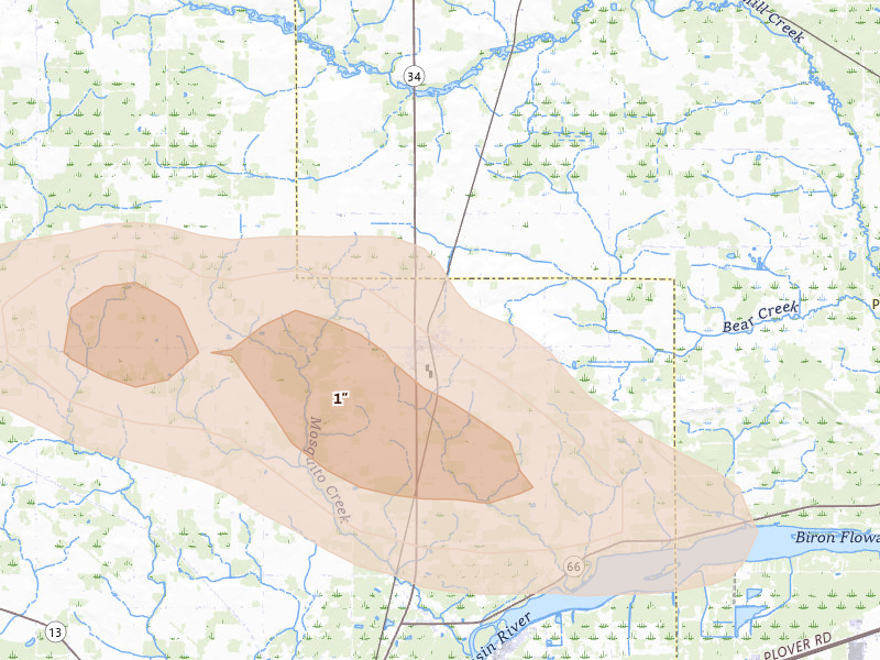 Radar-estimated hail-size map of the storm over Rudolph, WI on Jun 24, 2026