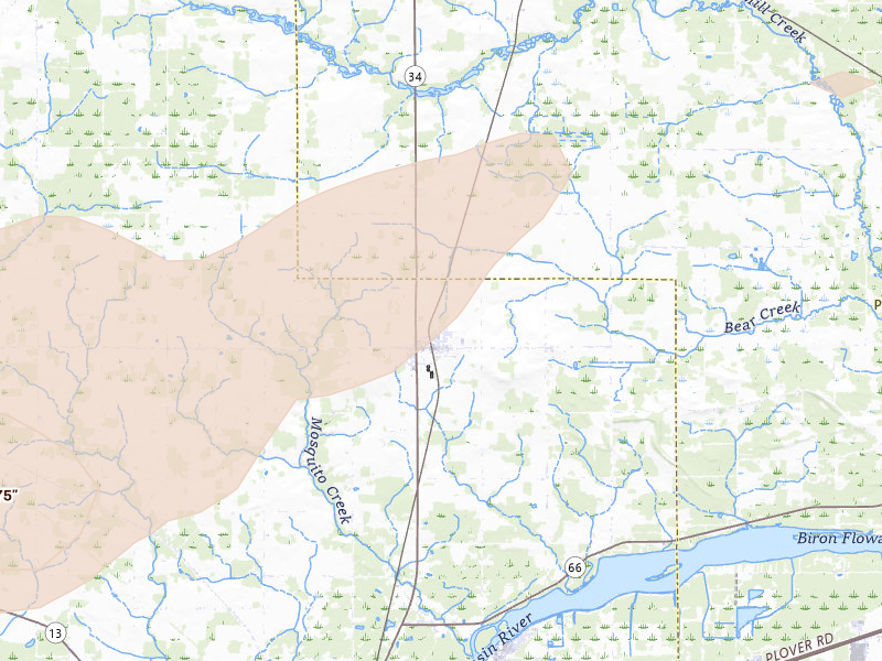 Radar-estimated hail-size map of the storm over Rudolph, WI on Jun 30, 2026