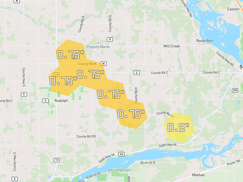 Hail map of Rudolph, WI on Jun 30, 2026, hail up to 0.75"