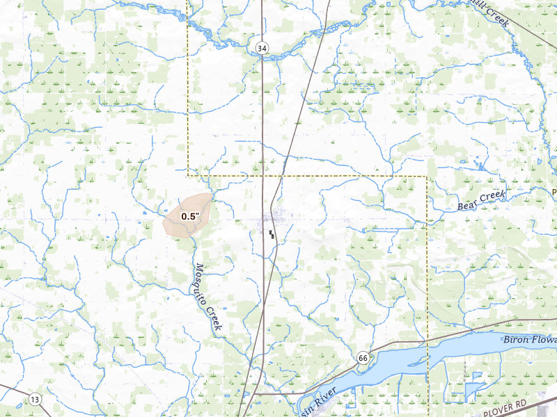 Radar-estimated hail-size map of the storm over Rudolph, WI on Jul 8, 2026