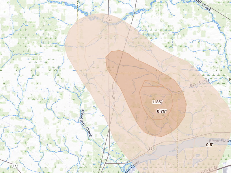 Radar-estimated hail-size map of the storm over Rudolph, WI on Aug 11, 2026
