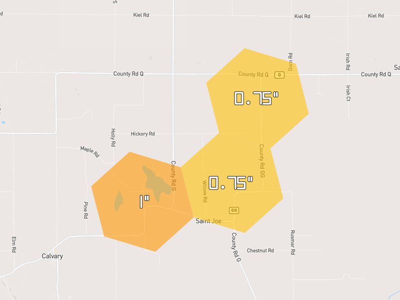 Hail map of Saint Cloud, WI on Jul 1, 2026, hail up to 1"