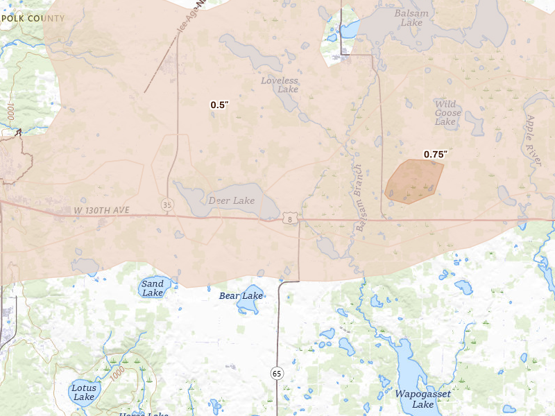 Radar-estimated hail-size map of the storm over Saint Croix Falls, WI on Jun 10, 2026