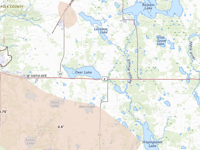 Radar-estimated hail-size map of the storm over Saint Croix Falls, WI on Jun 19, 2026