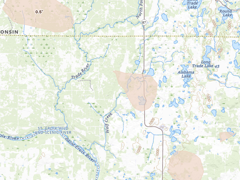 Radar-estimated hail-size map of the storm over Saint Croix Falls, WI on Jul 4, 2026