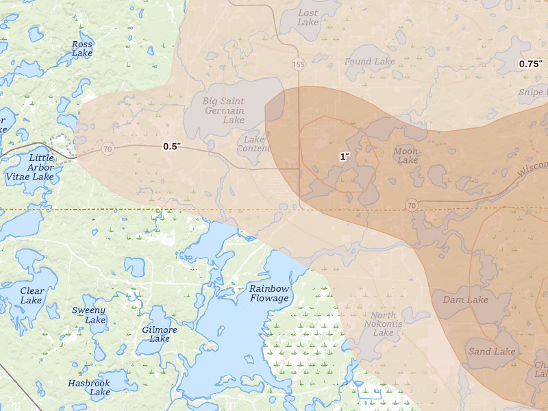 Radar-estimated hail-size map of the storm over Saint Germain, WI on Jul 27, 2026