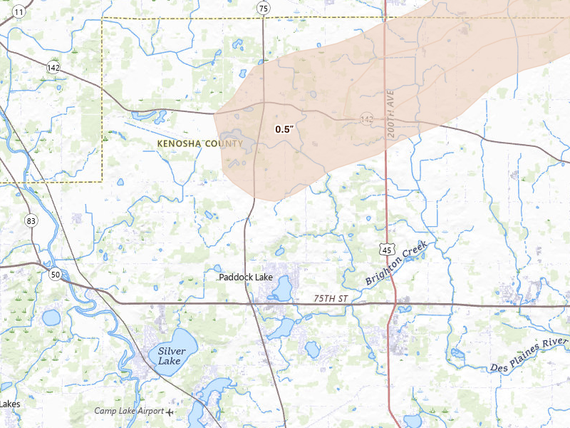 Radar-estimated hail-size map of the storm over Salem, WI on Mar 10, 2026