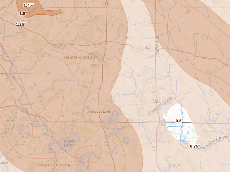 Radar-estimated hail-size map of the storm over Salem, WI on Jul 27, 2026