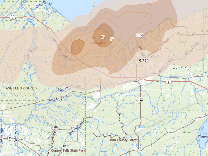 Radar-estimated hail-size map of the storm over Saxon, WI on Jun 29, 2026