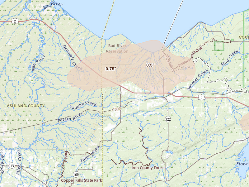 Radar-estimated hail-size map of the storm over Saxon, WI on Aug 7, 2026