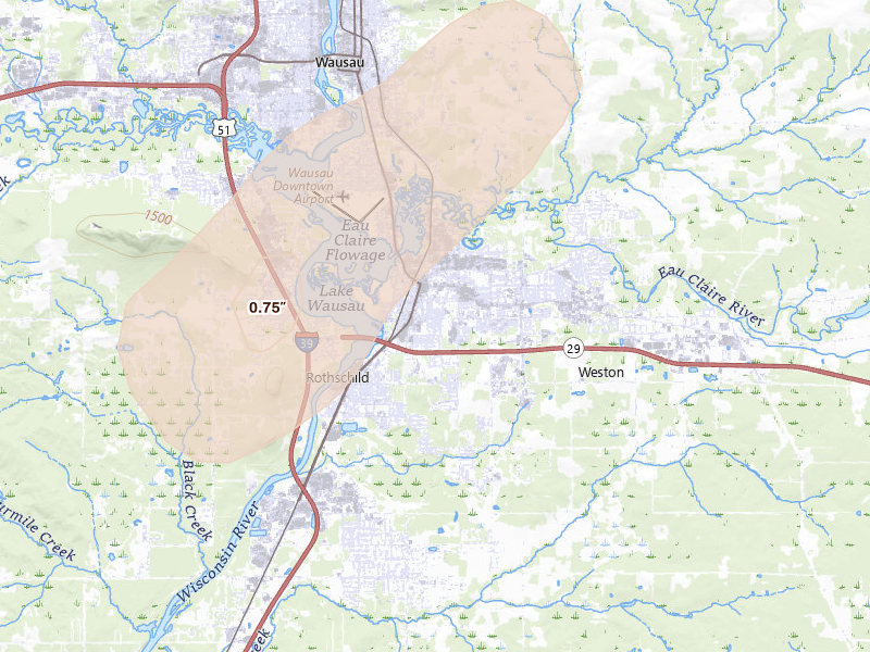 Radar-estimated hail-size map of the storm over Schofield, WI on Apr 13, 2026