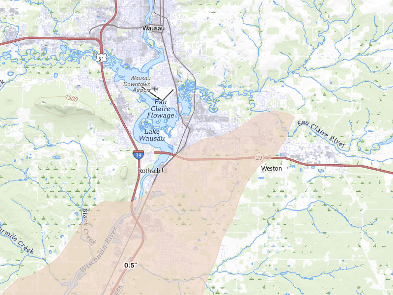 Radar-estimated hail-size map of the storm over Schofield, WI on Apr 17, 2026