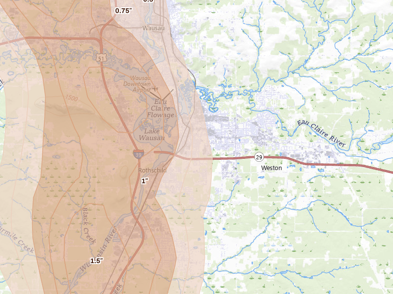 Radar-estimated hail-size map of the storm over Schofield, WI on May 27, 2026