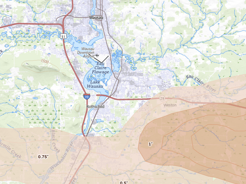 Radar-estimated hail-size map of the storm over Schofield, WI on Aug 11, 2026