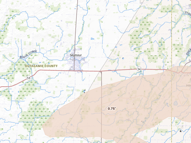 Radar-estimated hail-size map of the storm over Seymour, WI on Jun 30, 2026