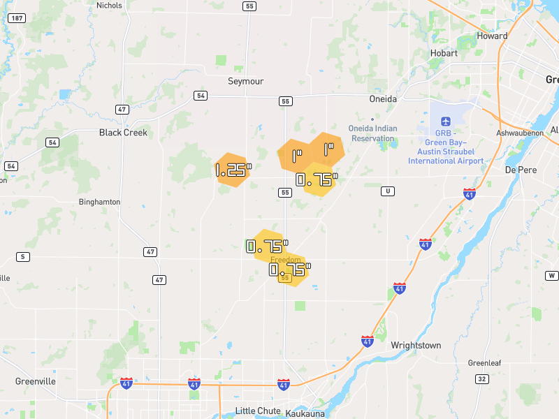 Hail map of Seymour, WI on Jun 30, 2026, hail up to 1.25"